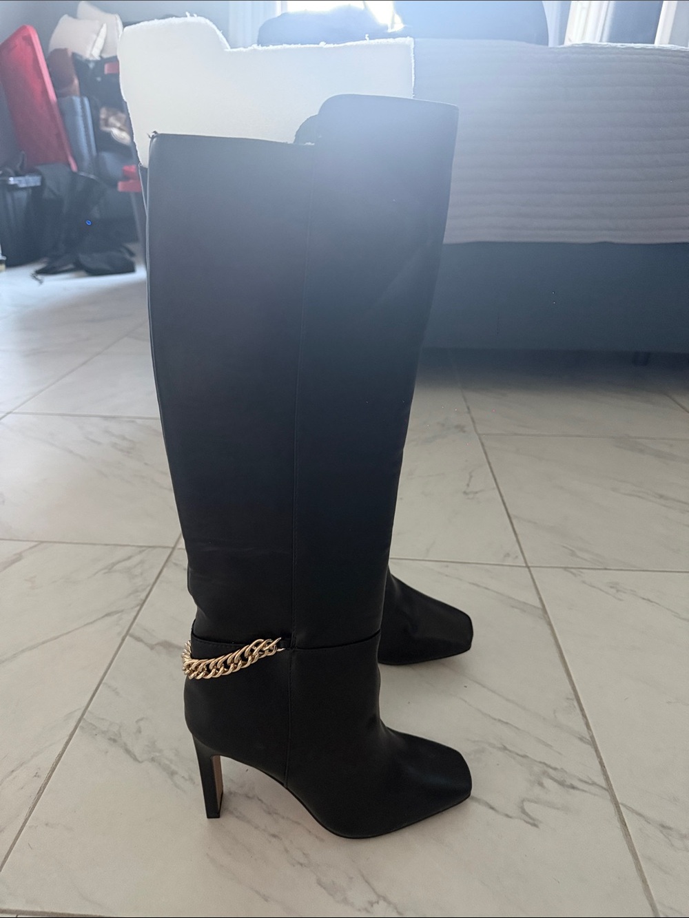 Express Black Over-the-Knee Heeled Boots with Gold Chain Accent - NEVER WORN